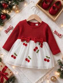 Cozy Pixies Baby Girl Knitted Round Neck Patchwork Embroidered Mesh Hem Knit Dress,Christmas ,New Fall Styles - Multicolor - View 4