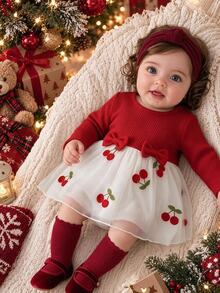 Cozy Pixies Baby Girl Knitted Round Neck Patchwork Embroidered Mesh Hem Knit Dress,Christmas ,New Fall Styles - Multicolor - View 1