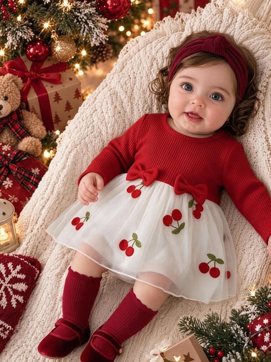 Cozy Pixies Baby Girl Knitted Round Neck Patchwork Embroidered Mesh Hem Knit Dress,Christmas ,New Fall Styles - Multicolor - View 1