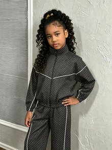 SHEIN 青少年女孩 2 件套黑色波點立領拉鍊休閒運動夾克與長褲，高彈性舒適針織面料。適合瑜伽、芭蕾訓練、學校穿搭、秋季穿搭、萬聖節與聖誕節運動的街頭風 - 黑色 - 查看 6
