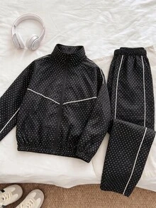 SHEIN 青少年女孩 2 件套黑色波點立領拉鍊休閒運動夾克與長褲，高彈性舒適針織面料。適合瑜伽、芭蕾訓練、學校穿搭、秋季穿搭、萬聖節與聖誕節運動的街頭風 - 黑色 - 查看 5
