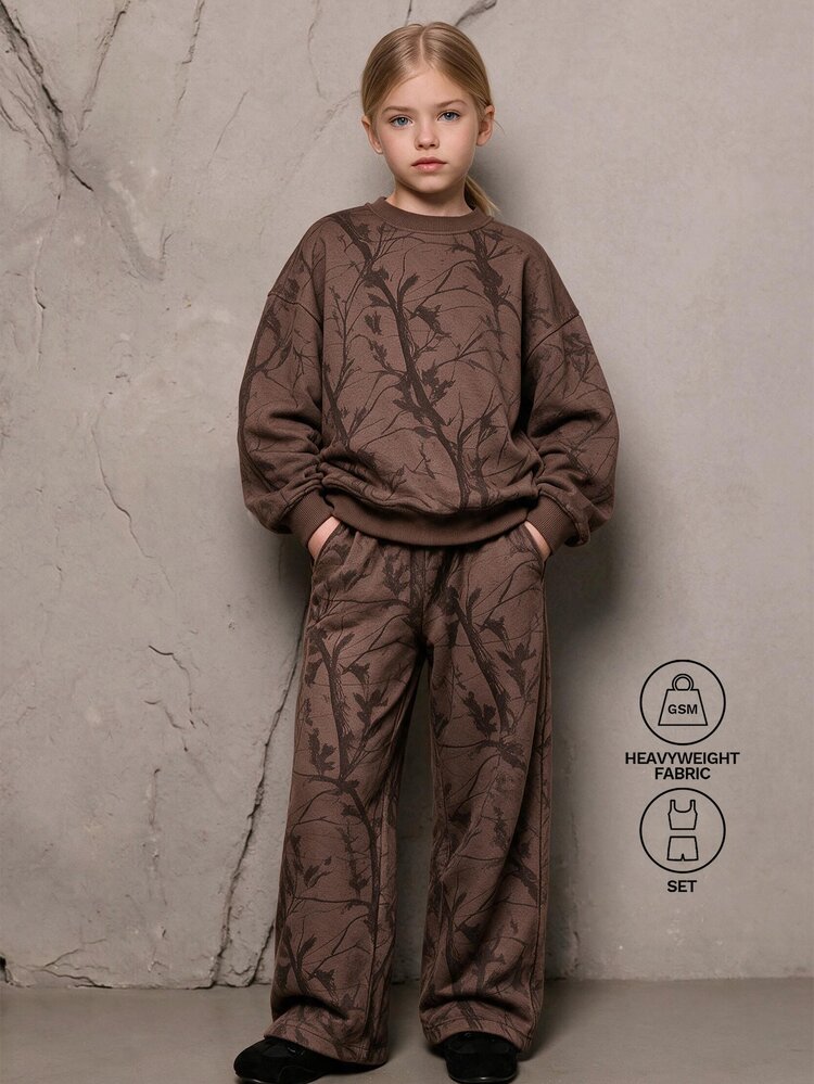 SHEIN Sweatshirt Motif Botani Cokelat untuk Remaja Perempuan, Set 2 Potong Tebal, Atasan Pullover Leher Bulat Bahu Longgar dengan Celana Panjang Lurus Lebar yang Mengencangkan Pinggang. Hangat, Atletik, Kasual, untuk Latihan Yoga, Cocok untuk Sekolah dan Pakaian Musim Gugur, Halloween dan Natal. - Coklat - View 4