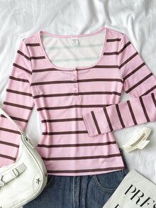 SHEIN 女童少女青少年蕾絲拼接U領2合1半開袖長袖粉色條紋T恤休閒百搭運動風 - 淺粉色 - 查看 8