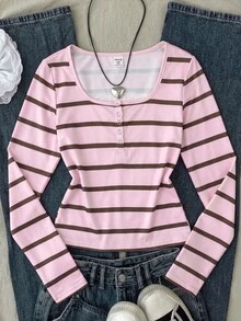 SHEIN 女童少女青少年蕾絲拼接U領2合1半開袖長袖粉色條紋T恤休閒百搭運動風 - 淺粉色 - 查看 2