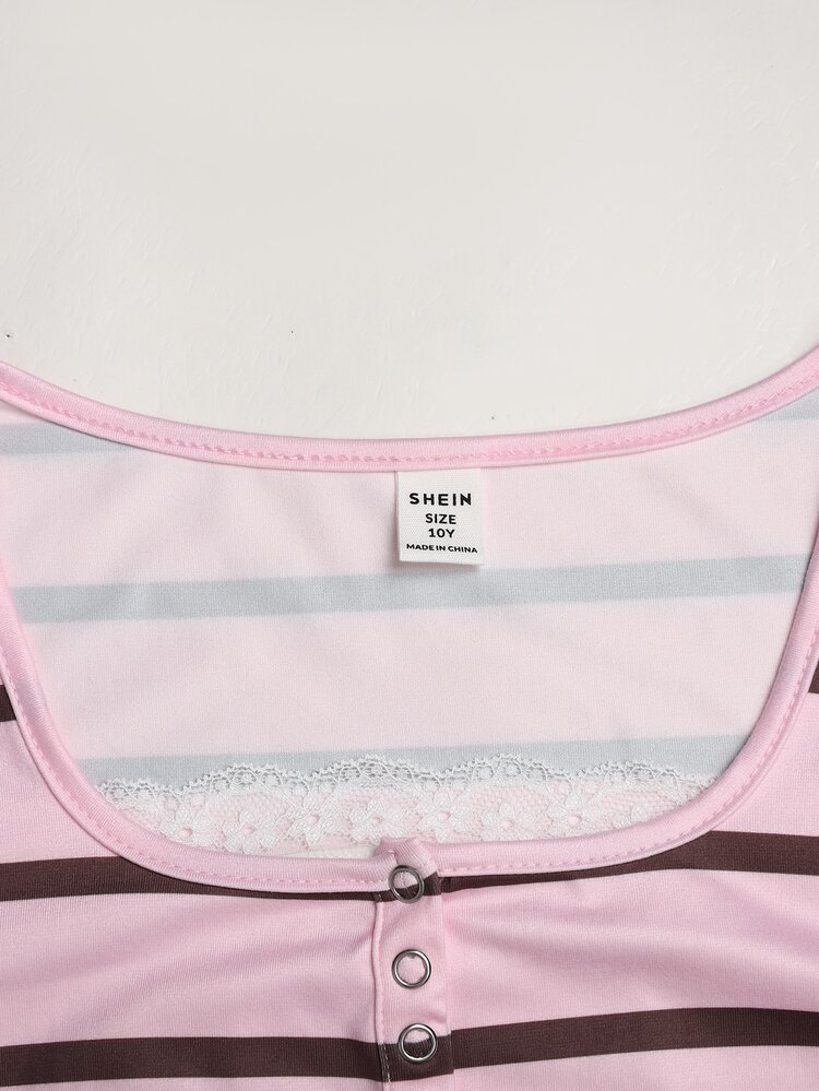 SHEIN Tween Girl Girls Teen Lace Patchwork U-Neck 2 In 1 Half-Open Sleeve Long Sleeve Pink Striped T-Shirt Casual Versatile Sports - Baby Pink - View 6