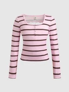 SHEIN 女童少女青少年蕾絲拼接U領2合1半開袖長袖粉色條紋T恤休閒百搭運動風 - 淺粉色 - 查看 4