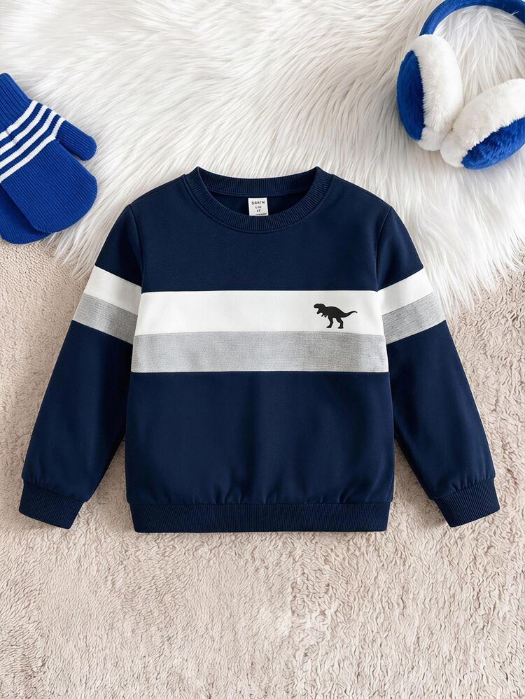 SHEIN Genkimix Kids 1pc Young Boy Casual Sports Academy Street Style Cute Cool Dinosaur Print Colorblock Sweatshirt, Suitable For Daily Wear, School, Outings, Sports, Spring And Summer, Providing Multiple Matching Options For Boys, Increasing The Diversity Of Clothing Combinations. The Overall Design Is Simple And Elegant, Comfortable And Fashionable To Wear. Boys Wearing This T-Shirt Will Feel Comfortable And Present A Casual Fashionable Image. This Children's Clothing Set Will Become A Practical And Fashionable Choice In Boys' Wardrobes - Navy Blue - View 1