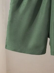 男童两件套柔软热带印花梭织面料短袖衬衫和短裤套装，适合夏季休闲和度假穿着 - 綠色 - 查看 9