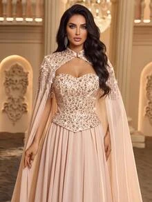 Glamrae فستان بدون حمالات مزين بالترتر مع طيات وشال شيفون مزين بالشرابات، مناسب لحفلات الزفاف - لون مشمشي - مشاهدة 6