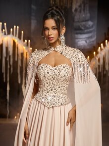 Glamrae فستان بدون حمالات مزين بالترتر مع طيات وشال شيفون مزين بالشرابات، مناسب لحفلات الزفاف - لون مشمشي - مشاهدة 4