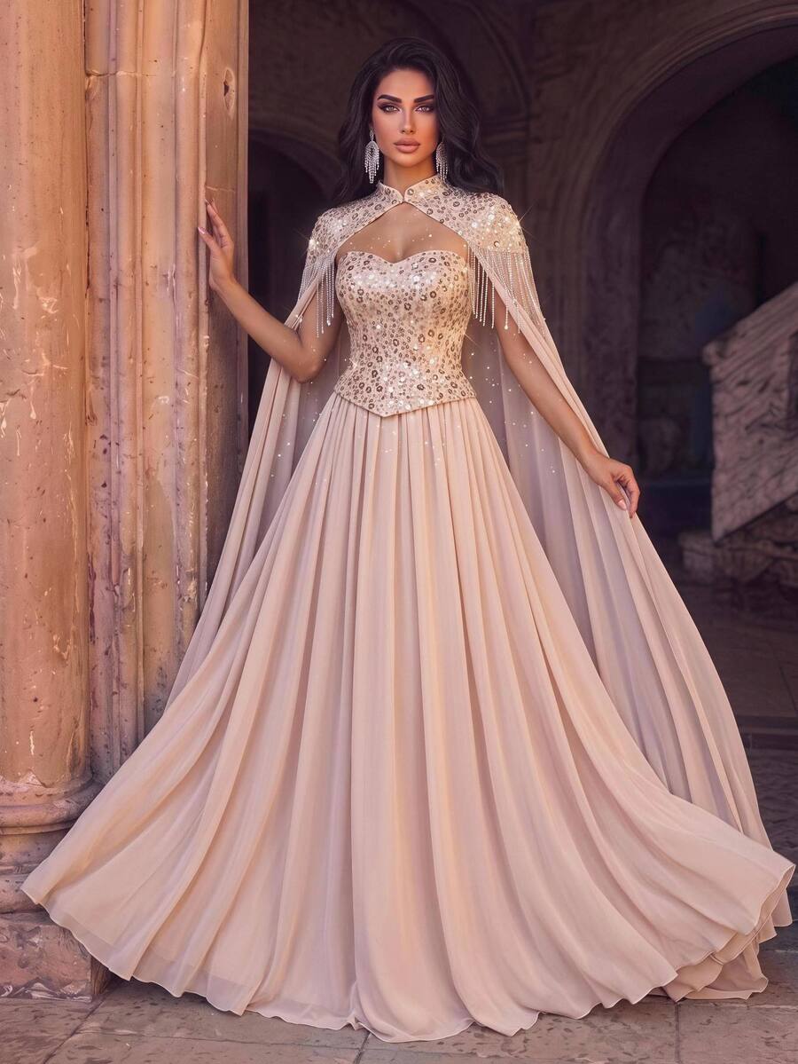 Glamrae فستان بدون حمالات مزين بالترتر مع طيات وشال شيفون مزين بالشرابات، مناسب لحفلات الزفاف - لون مشمشي - مشاهدة 1