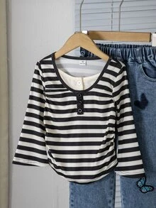 SHEIN 女童時尚修身休閒圓領套頭長袖喇叭袖T恤 - 黑與白 - 查看 4