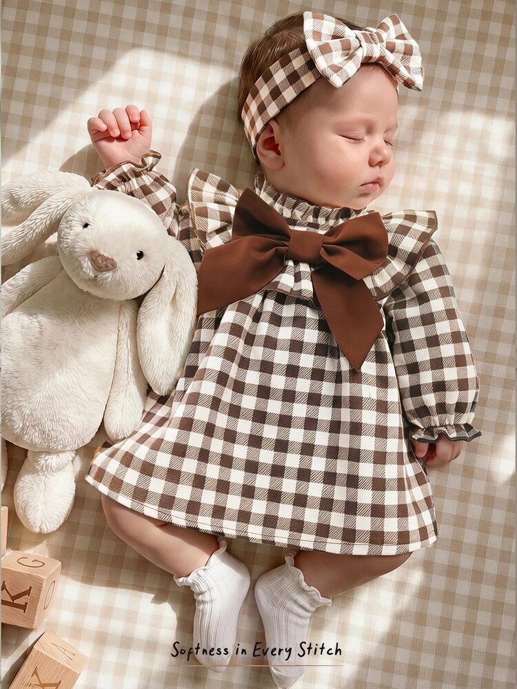 SHEIN New Born Baby Vintage Brown Gingham Dress With White Lace Peter Pan Collar And Ruffled Cuffs Youth Dressbaby Girl Long Sleeve Gingham A-Line Dress - Coffee Brown - View 2