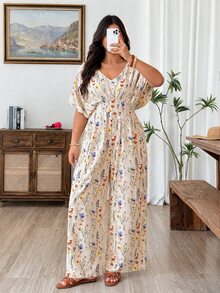 Weeklong Plus Size Summer Casual Floral Print Batwing Sleeve Jumpsuit - Multicolor - View 1