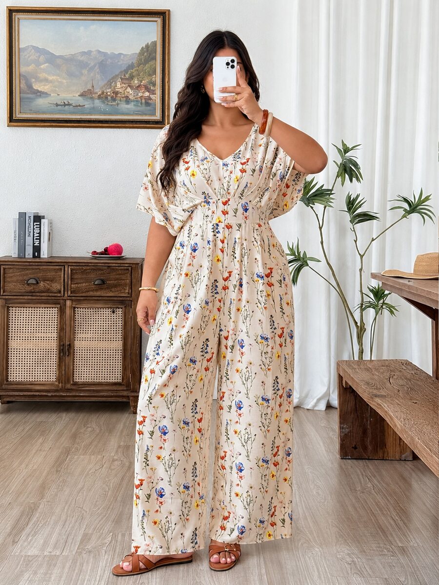 Weeklong Plus Size Summer Casual Floral Print Batwing Sleeve Jumpsuit - Multicolor - View 1