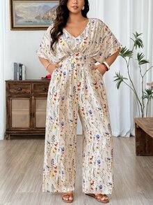 Weeklong Plus Size Summer Casual Floral Print Batwing Sleeve Jumpsuit - Multicolor - View 4