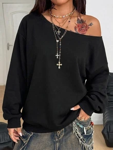 Coolane 女款秋冬街頭風 Y2K 性感時尚復古哥德派對極簡黑色十字繡蕾絲拼接寬鬆露肩衛衣 - 黑色 - 查看 6