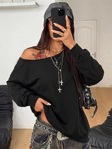 Coolane 女款秋冬街頭風 Y2K 性感時尚復古哥德派對極簡黑色十字繡蕾絲拼接寬鬆露肩衛衣 - 黑色 - 查看 7