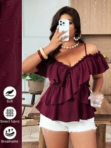 Weeklong Plus Size Women's New Ruffle Elegant Petal Sleeve Romantic Camisole Blouse - Burgundy - View 1