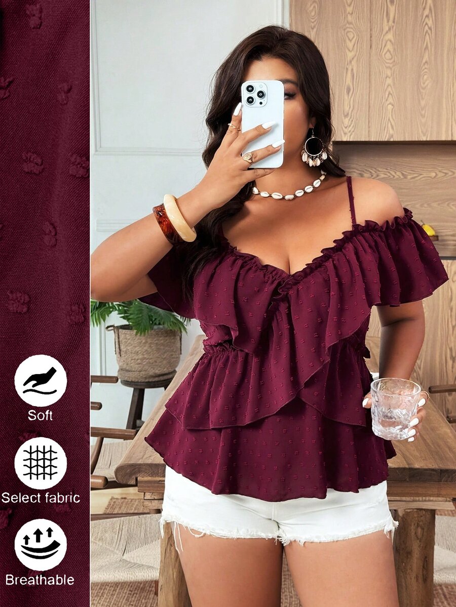 Weeklong Plus Size Women's New Ruffle Elegant Petal Sleeve Romantic Camisole Blouse - Burgundy - View 1