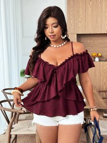Weeklong Plus Size Women's New Ruffle Elegant Petal Sleeve Romantic Camisole Blouse - Burgundy - View 5
