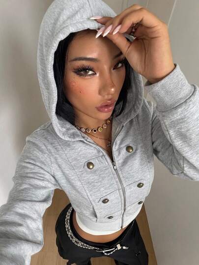 Coolane Women's Fall/Winter Streetwear Y2k Sexy Chic Vintage Club Outfits Sportswear Casual Preppy Zip Up With Pockets Grey Fitted Hoodies Grey Sweatshirt