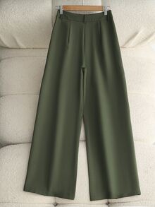 Franclia Petite 女款純色百褶口袋寬鬆休閒西裝褲，適合嬌小女性 - 軍綠色 - 查看 2