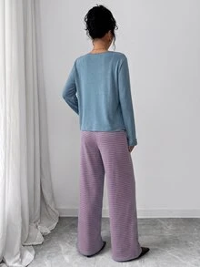 GlowEve Women's Knit Solid Color Cardigan With Front Button Closure, Striped Slim Fit Camisole With Drawstring Decor, Elegant Casual Commute Daily Outing Pants 3 Pieces Set - Dusty Blue - View 2