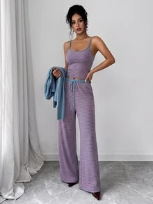 GlowEve Women's Knit Solid Color Cardigan With Front Button Closure, Striped Slim Fit Camisole With Drawstring Decor, Elegant Casual Commute Daily Outing Pants 3 Pieces Set - Dusty Blue - View 3
