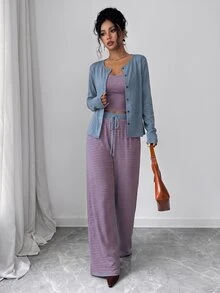 GlowEve Women's Knit Solid Color Cardigan With Front Button Closure, Striped Slim Fit Camisole With Drawstring Decor, Elegant Casual Commute Daily Outing Pants 3 Pieces Set - Dusty Blue - View 4