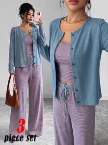 GlowEve Women's Knit Solid Color Cardigan With Front Button Closure, Striped Slim Fit Camisole With Drawstring Decor, Elegant Casual Commute Daily Outing Pants 3 Pieces Set - Dusty Blue - View 6