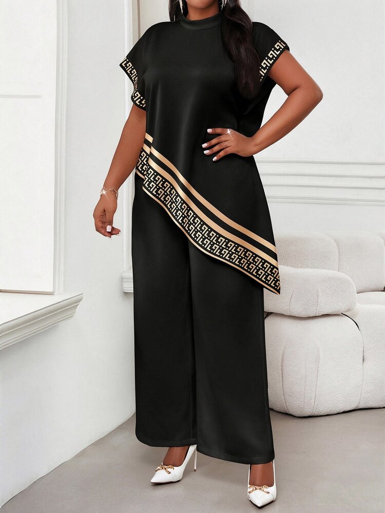 SHEIN Lady ملابس علوية نسائية مقاس كبير بطبعة هندسية كلاسيكية - بسيطة وأنيقة، متعددة الاستخدامات للارتداء اليومي، مناسبة لمكان العمل أو المناسبات المسائية؛ مخطط ألوان أسود وذهبي، ملابس نسائية مقاس كبير للخريف - متعدد الألوان - مشاهدة 5