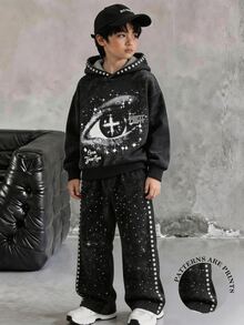 2件組 青少年男孩時尚簡約舒適連帽衫與直筒運動長褲套裝，酷炫紮染滿版印花設計，英文字母印花，適合假期聚會與派對，休閒舒適，5-15°男孩春秋冬季首選，街頭風休閒穿搭 - 彩色 - 查看 3