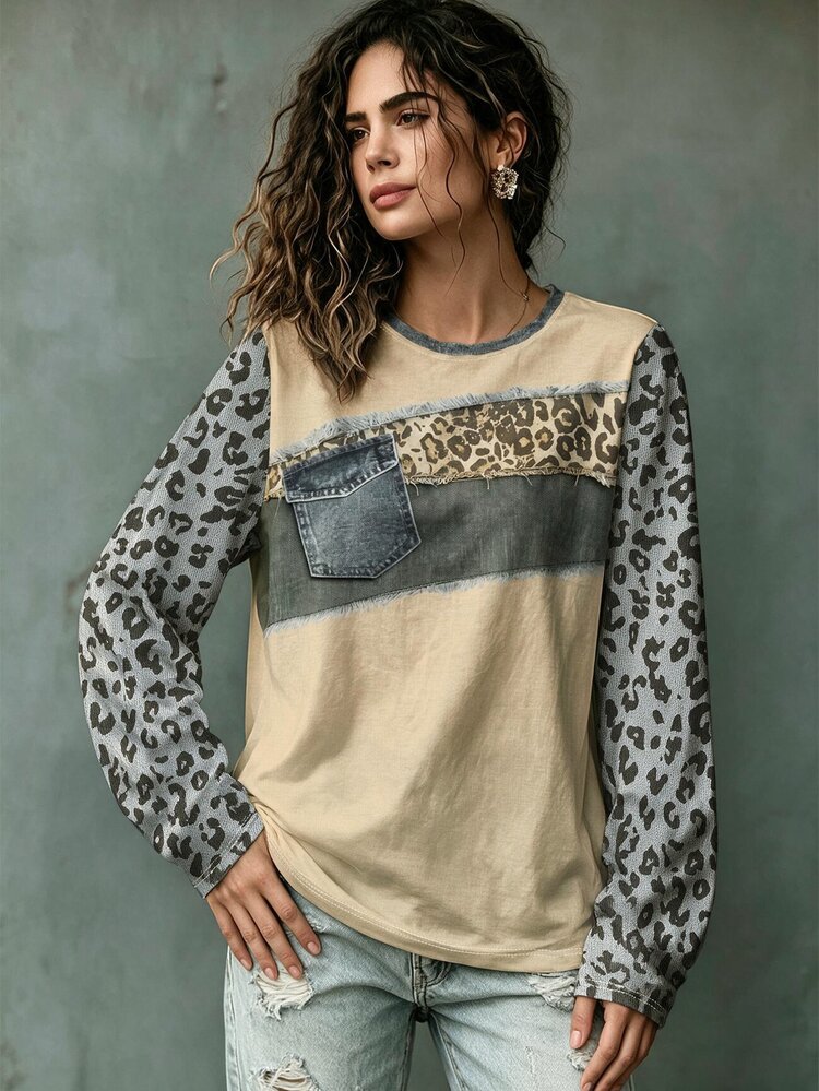 Linhara CURVE Plus Size Women's Casual Vintage Faux Denim Print & Leopard Pattern Print Crew Neck Long Sleeve T-Shirt, Women's Top, Suitable For Daily Wear Fall - Orange - View 3