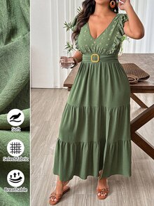 Weeklong Plus Size Women's Long Dress, V-Neck, Ruffle Sleeves, Side Slit, Beach Formal Vacation Vacation Style, Solid Color Sage Green Summer Casual - Army Green - View 3