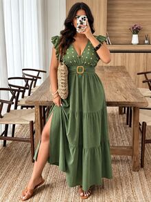 Weeklong Plus Size Women's Long Dress, V-Neck, Ruffle Sleeves, Side Slit, Beach Formal Vacation Vacation Style, Solid Color Sage Green Summer Casual - Army Green - View 1