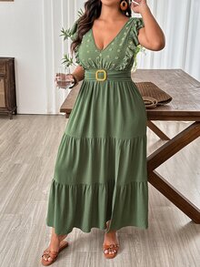 Weeklong Plus Size Women's Long Dress, V-Neck, Ruffle Sleeves, Side Slit, Beach Formal Vacation Vacation Style, Solid Color Sage Green Summer Casual - Army Green - View 9