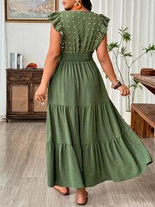 Weeklong Plus Size Women's Long Dress, V-Neck, Ruffle Sleeves, Side Slit, Beach Formal Vacation Vacation Style, Solid Color Sage Green Summer Casual - Army Green - View 2