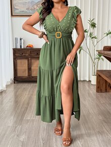 Weeklong Plus Size Women's Long Dress, V-Neck, Ruffle Sleeves, Side Slit, Beach Formal Vacation Vacation Style, Solid Color Sage Green Summer Casual - Army Green - View 7