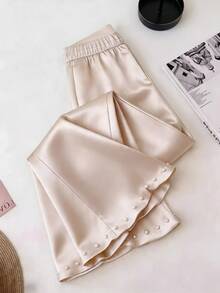 GlowEve CURVE Plus Size Elegant Fashionable Versatile Faux Pearl Beaded Flare Pants Fall - Apricot - View 2