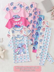 SHEIN Tween Girl Cute Cartoon Animal Bow Print Crew Neck Fitted T-Shirt And Long Pants Loungewear 2 Pieces Set - Pink - View 3