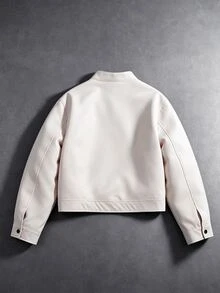 Manfinity Roghcode Jaket Kancing Asimetris Beige Pria, Jaket Motor Kerah Tegak Pendek Longgar, Gaya Minimalis High Street, Cocok untuk Streetwear Perkotaan dan Acara Malam Hari - Krem - View 2