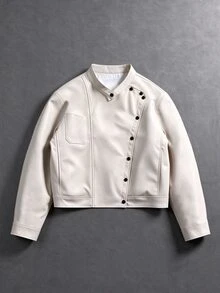 Manfinity Roghcode Jaket Kancing Asimetris Beige Pria, Jaket Motor Kerah Tegak Pendek Longgar, Gaya Minimalis High Street, Cocok untuk Streetwear Perkotaan dan Acara Malam Hari - Krem - View 1