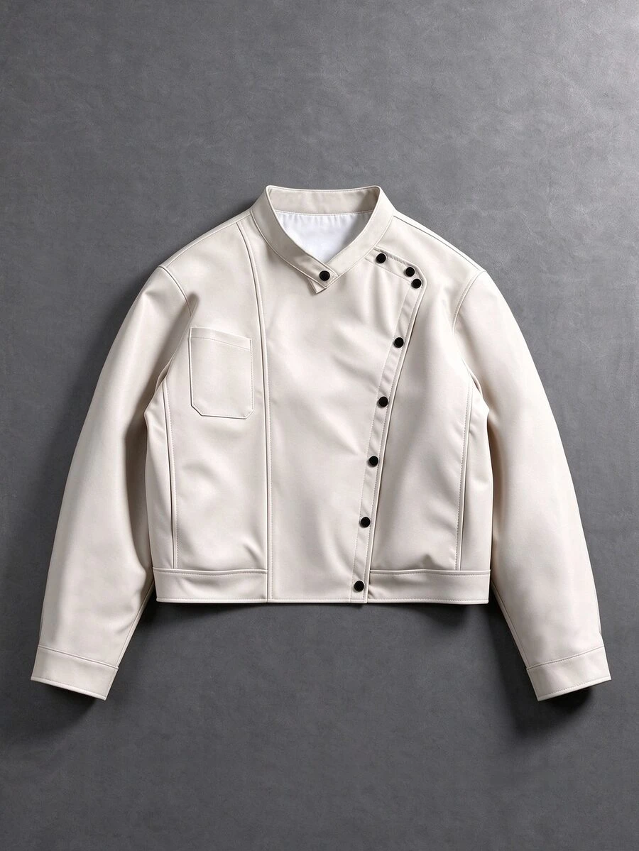 Manfinity Roghcode Jaket Kancing Asimetris Beige Pria, Jaket Motor Kerah Tegak Pendek Longgar, Gaya Minimalis High Street, Cocok untuk Streetwear Perkotaan dan Acara Malam Hari - Krem - View 1
