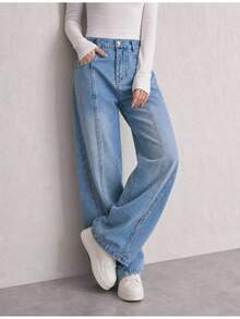 SHEIN Teen Girl Slant Pocket Straight Leg Jeans Autumn Winter - Medium Wash - View 5