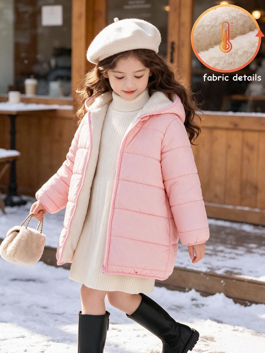 Young Girls Hooded Loose Winter Coats, Long Sleeve Top, Fall, Autumn, Winter Pink Fleece And Thickened