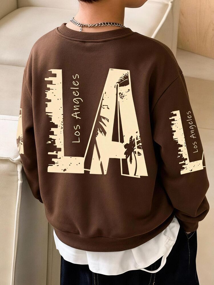 (1 Pc) Autumn/Winter Boys' Casual Fashion Minimalist Los Angeles Letter City Silhouette Palm Tree Pattern Basic Crew Neck Sweatshirt - Coffee Brown - View 3