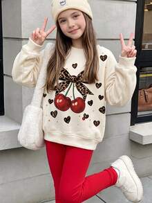 Tween Girls Casual Cute Autumn Sweet Colorful Floral Cherry Print Red Crew Neck Sweatshirt & Elastic Waist Long Pants Set, Suitable For Fall & Winter Chill, Kawaii, Cozy Styles - Multicolor - View 7