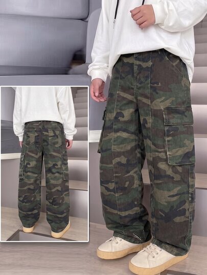 Coolqubz Tween Boy Camouflage Print Denim Cargo Pants, Casual Streetwear, Dark Green Street Print, Elastic Waistband, Cotton Fabric, School Holiday, Summer