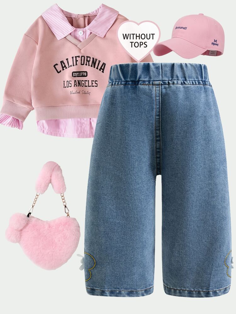SHEIN Baby Girl Denim Wide Leg Long Pants, All Season Casual Cute Light Blue Denim Washed Distressed Effect, 3D Flower Applique Embroidery And Bee Print, Elastic Waist Loose Wide Leg Fit, Lightweight Soft Fine Cotton Denim Fabric, Daily Versatile Match With Short Sleeve T-Shirt, Back To School Daily Outing School Outfit, Popular Fresh Embroidered Denim Wide Leg Pants For Girls - Light Wash - View 2